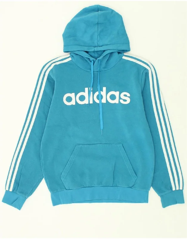 ADIDAS Womens Graphic Hoodie Jumper UK 10 Small Blue Cotton Hoodie with Hem Contrast Bold Stylish