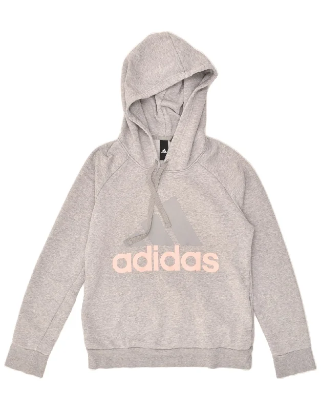 ADIDAS Womens Graphic Hoodie Jumper UK 10 Small Grey Cotton Hoodie with Zipper Placket Modern Functional