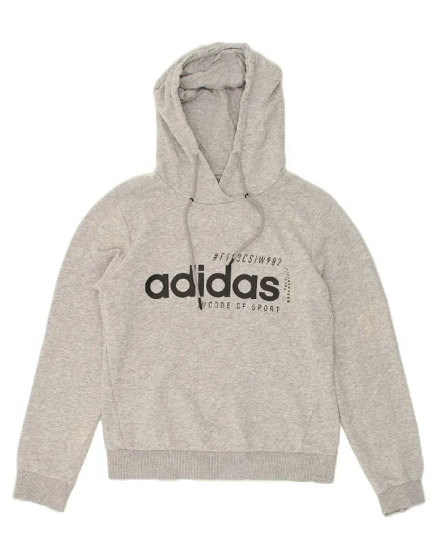 ADIDAS Womens Graphic Hoodie Jumper UK 12/14 Medium Grey Cotton Hoodie with Hem Drawcord Adjustable Customizable