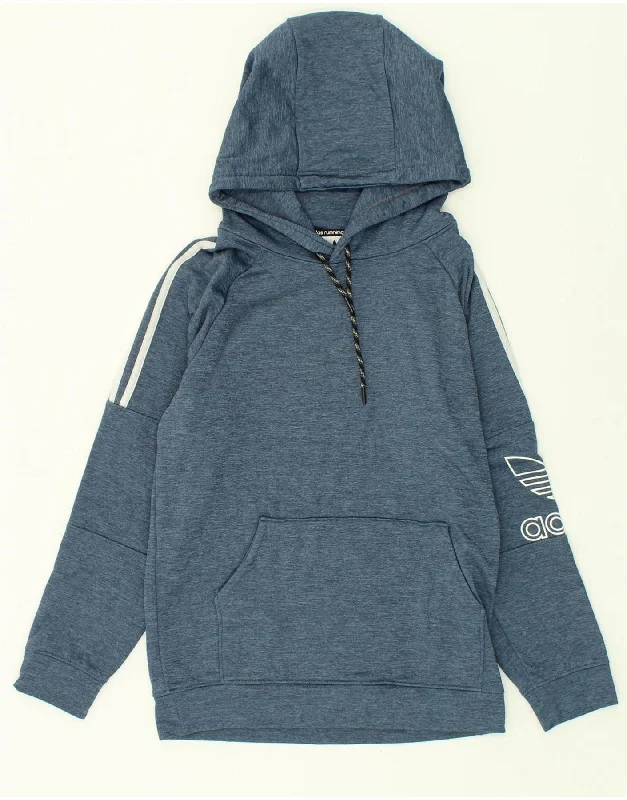 ADIDAS Womens Graphic Hoodie Jumper UK 14 Medium Blue Flecked Cotton Hoodie with Hem Applique Textured Unique