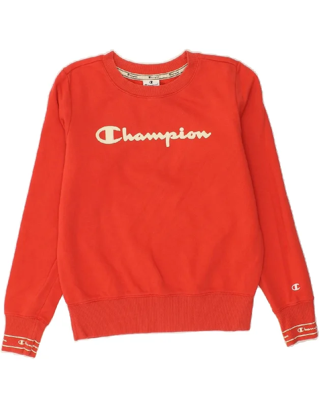 CHAMPION Womens Graphic Sweatshirt Jumper UK 10 Small Red Cotton Hoodie with High-Low Hem Asymmetrical Trendy