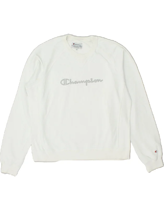 CHAMPION Womens Oversized Graphic Sweatshirt Jumper UK 10 Small White Hoodie with Slim Fit Tailored Modern