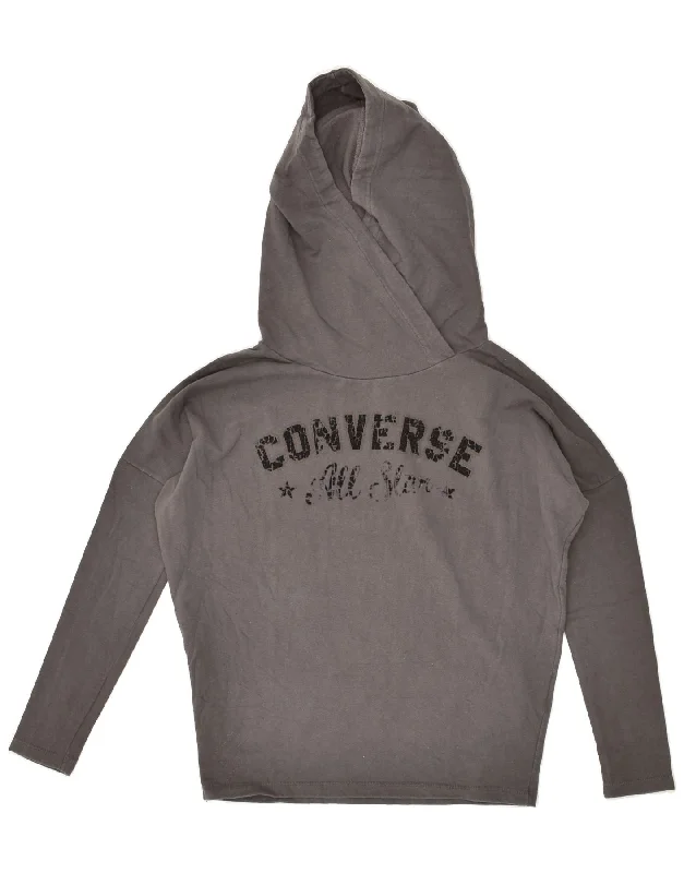 CONVERSE Womens Oversized Graphic Hoodie Jumper UK 6 XS Grey Cotton Hoodie with Side Slits Relaxed Casual