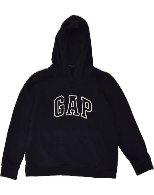 GAP Womens Graphic Hoodie Jumper UK 16 Large Navy Blue Cotton Hoodie with Hem Frayed Vintage Worn