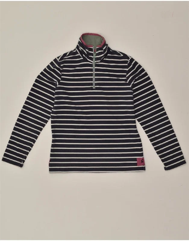 JOULES Womens Zip Neck Sweatshirt Jumper UK 12 Medium  Navy Blue Striped Hoodie with Patch Decorative Personalized