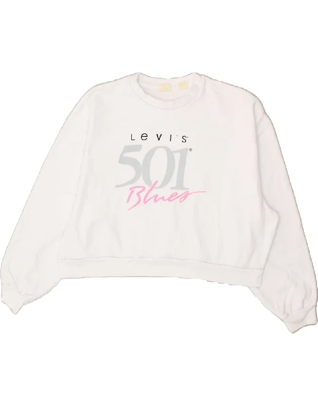 LEVI'S Womens Graphic Crop Sweatshirt Jumper UK 16 Large White Cotton Hoodie with Pastel Soft Subtle