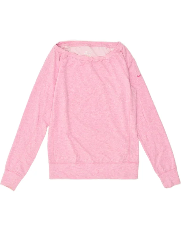 NIKE Womens Dri Fit Oversized Sweatshirt Jumper UK 10 Small Pink Cotton Hoodie with Drawstring Waist Adjustable Fitted