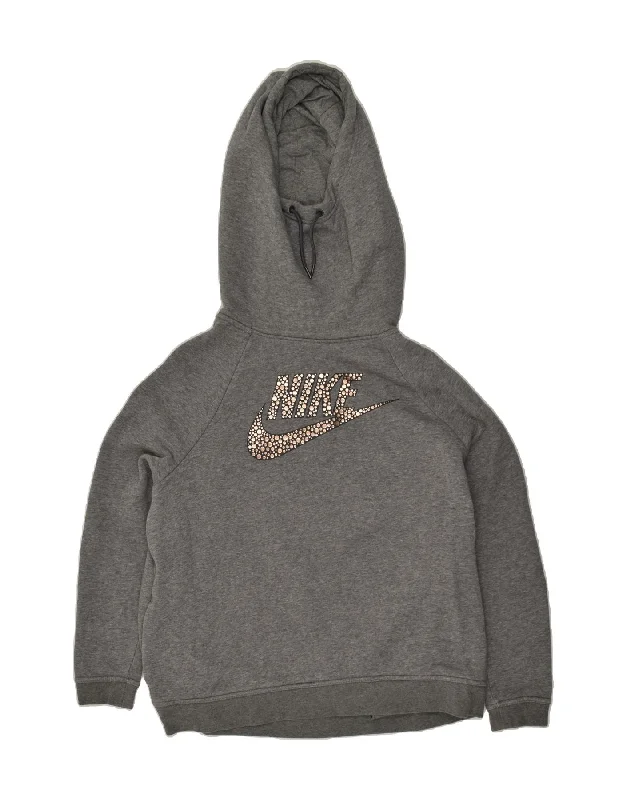 NIKE Womens Oversized Graphic Hoodie Jumper UK 18 XL Grey Cotton Hoodie with High Neck Warm Protective