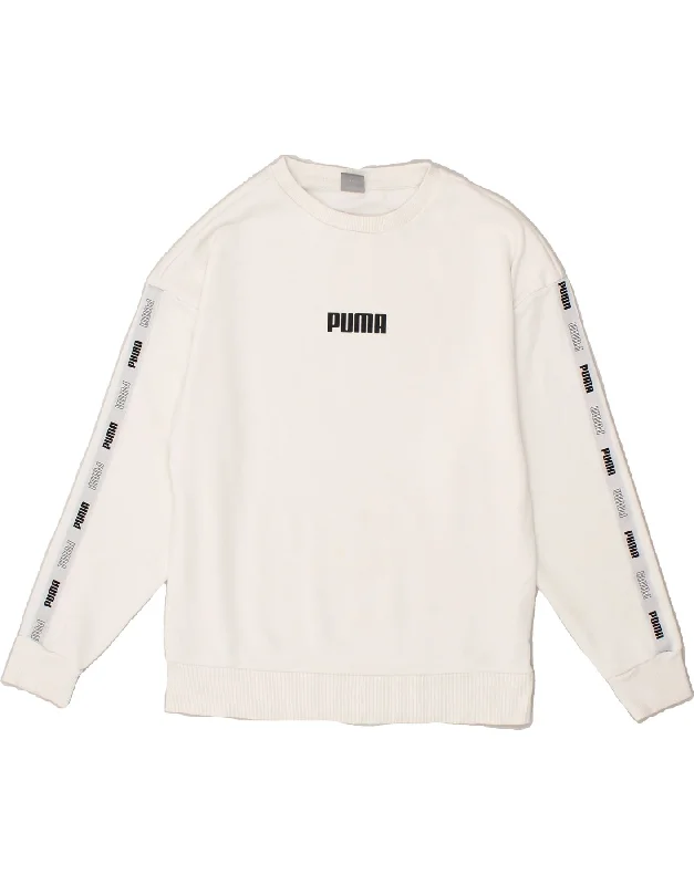 PUMA Womens Graphic Sweatshirt Jumper UK 6 XS White Cotton Hoodie with Metallic Shiny Futuristic