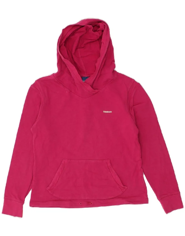 REEBOK Womens Hoodie Jumper UK 12 Medium Pink Cotton Hoodie with Hem Lace Feminine Delicate