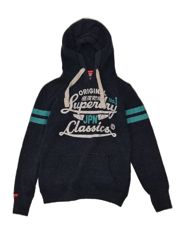 SUPERDRY Womens Classic Graphic Hoodie Jumper UK 10 Small Navy Blue Hoodie with Logo Branding Identity