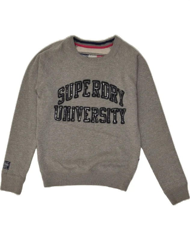 SUPERDRY Womens Graphic Sweatshirt Jumper UK 6 XS  Grey Flecked Polyester Hoodie Dress Longline Feminine