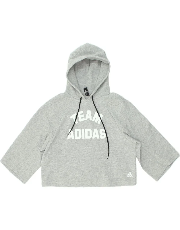 ADIDAS Womens Crop Graphic Hoodie Jumper UK 8/10 Small Grey Cotton Hoodie with Longline Fit Extended Stylish