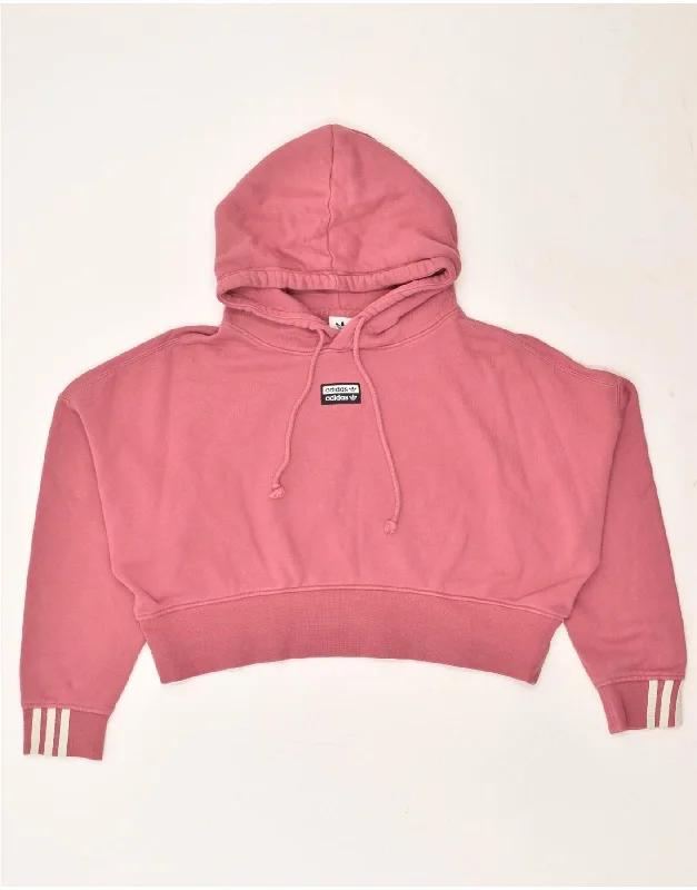 ADIDAS Womens Crop Hoodie Jumper UK 16 Large Pink Cotton Cotton Hoodie Fleece Lining Warmth