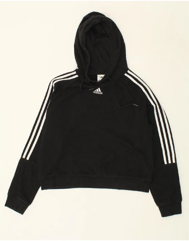 ADIDAS Womens Crop Hoodie Jumper UK 8/10 Small Black Polyester Hoodie with Thumb Holes Functional Cozy