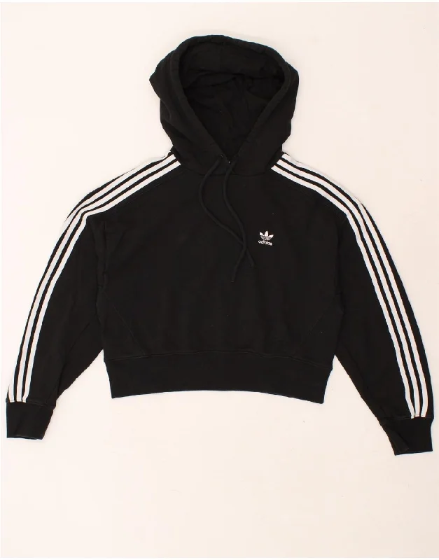 ADIDAS Womens Crop Hoodie Jumper UK 8 Small  Black Cotton Hoodie with Raw Hem Edgy Unfinished