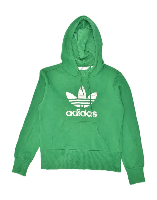 ADIDAS Womens Graphic Hoodie Jumper EU 40 Medium Green Cotton Hoodie with Hem Raw Edge Edgy Unfinished