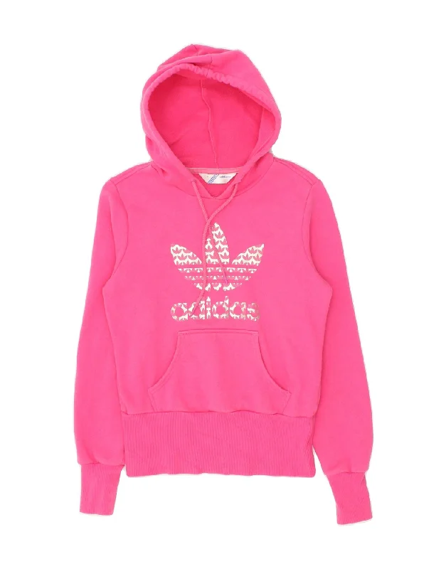 ADIDAS Womens Graphic Hoodie Jumper IT 38 XS Pink Cotton Hoodie with Monochrome Minimalist Simple