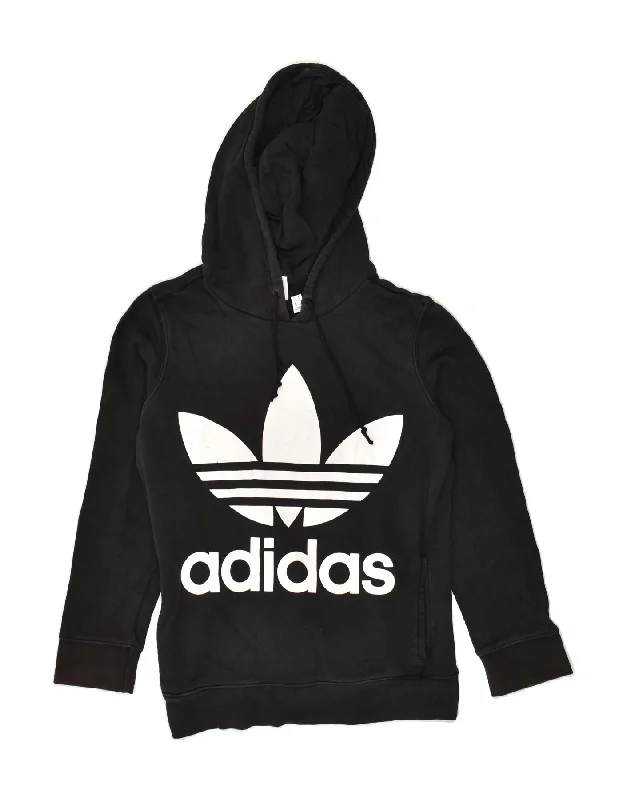 ADIDAS Womens Graphic Hoodie Jumper UK 10 Small Black Cotton Hoodie with Pocket Utility Practical