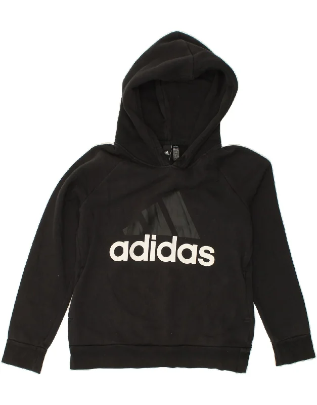 ADIDAS Womens Graphic Hoodie Jumper UK 12/14 Medium Black Cotton Hoodie with Slim Fit Tailored Modern