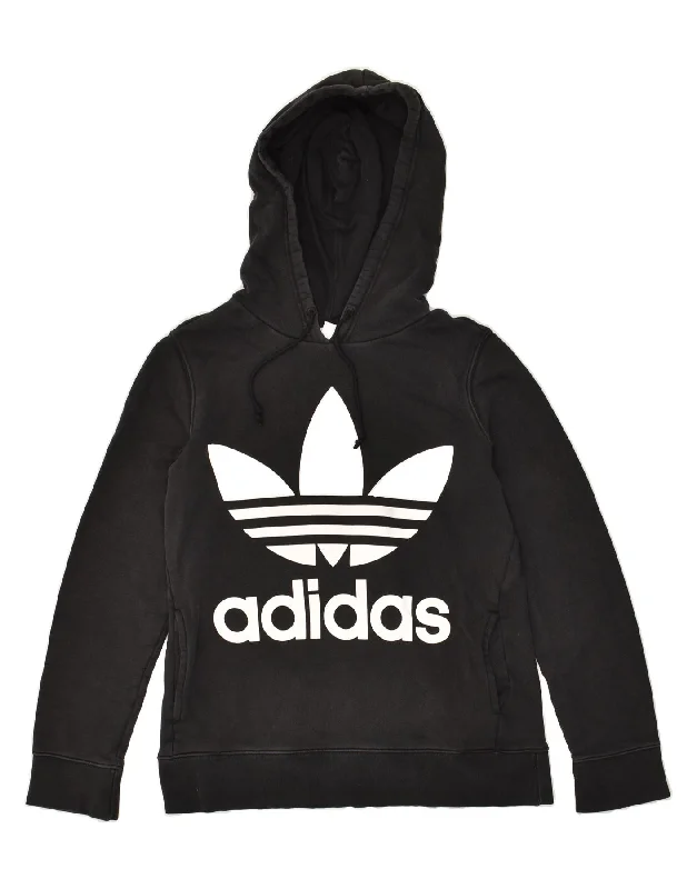 ADIDAS Womens Graphic Hoodie Jumper UK 12 Medium  Black Cotton Hoodie with Ribbed Neckline Snug Warm