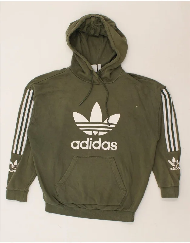 ADIDAS Womens Graphic Hoodie Jumper UK 14 Medium Khaki Cotton Hoodie with Mesh Breathable Sporty