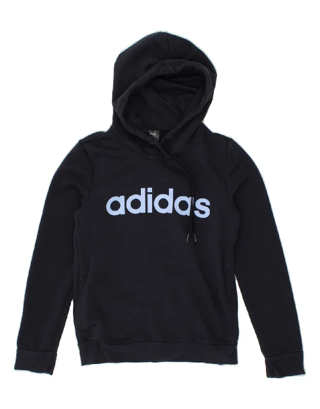 ADIDAS Womens Graphic Hoodie Jumper UK 4/6 XS Navy Blue Cotton Hoodie with Exposed Zipper Edgy Industrial