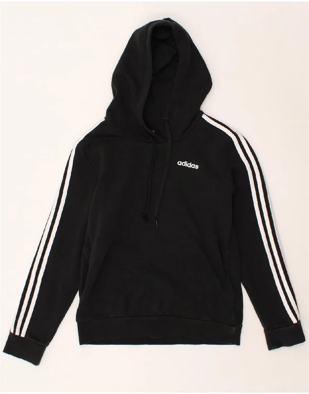 ADIDAS Womens Graphic Hoodie Jumper UK 8/10 Small Black Cotton Hoodie with Rolled Sleeves Casual Relaxed