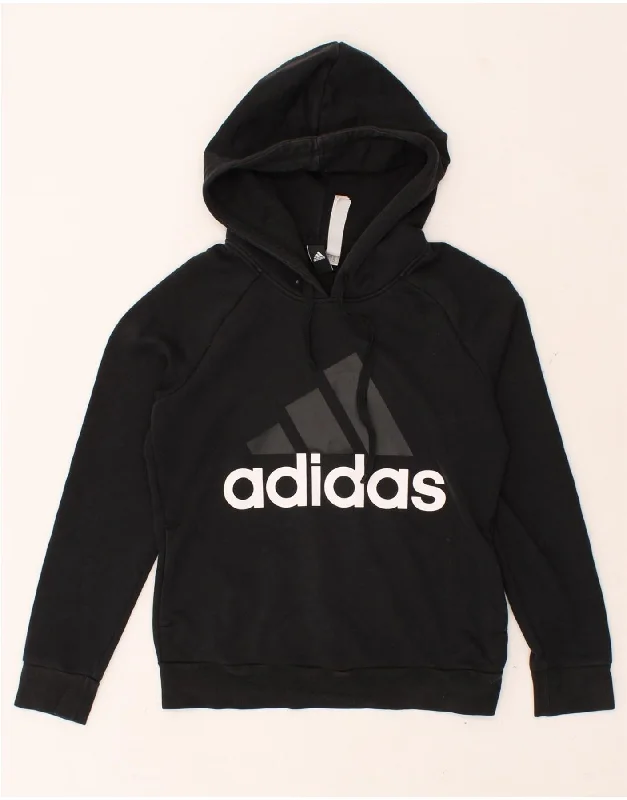 ADIDAS Womens Graphic Hoodie Jumper UK 8/10 Small Black Cotton Hoodie with Earth Tones Natural Calm