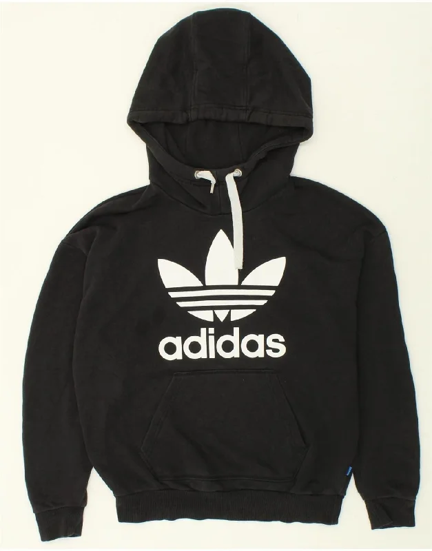 ADIDAS Womens Graphic Hoodie Jumper UK 8 Small Black Cotton Hoodie Crop Top Short Trendy