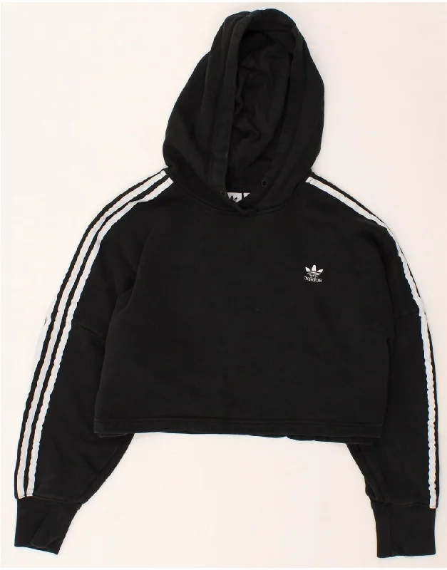 ADIDAS Womens Oversized Crop Hoodie Jumper UK 12 Medium Black Hoodie with Drop Shoulder Relaxed Streetwear