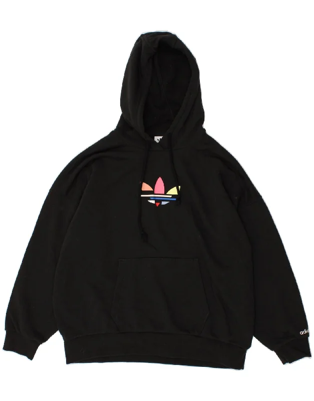 ADIDAS Womens Oversized Graphic Hoodie Jumper UK 6 XS Black Hoodie with Hem Applique Textured Unique