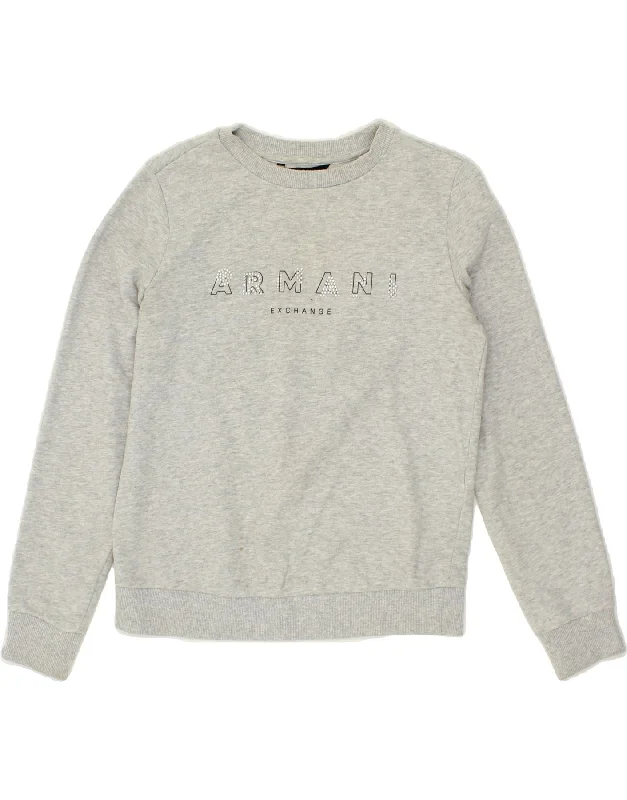 ARMANI Womens Graphic Sweatshirt Jumper UK 10 Small Grey Cotton Hoodie with Mesh Breathable Sporty