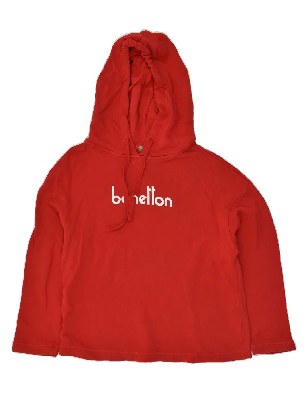 BENETTON Womens Graphic Hoodie Jumper UK 16 Large Red Cotton Hoodie with Oversized Fit Loose Comfortable