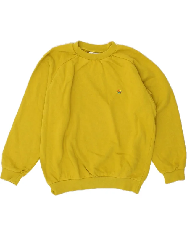 BENETTON Womens Oversized Sweatshirt Jumper UK 10 Small Yellow Cotton Hoodie with Hem Frayed Vintage Worn