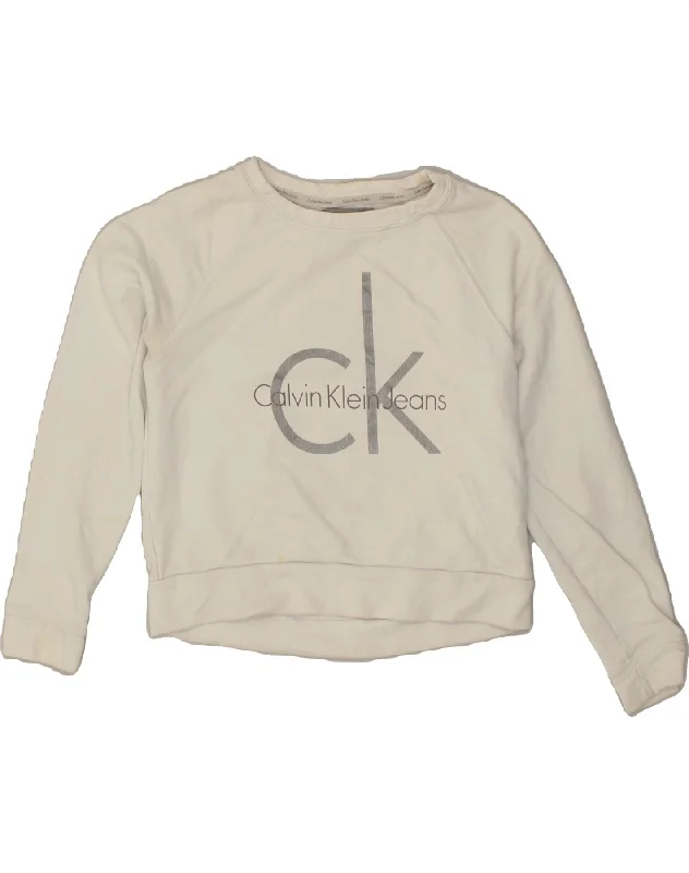 CALVIN KLEIN JEANS Womens Graphic Sweatshirt Jumper UK 6 XS White Cotton Hoodie with Snap Buttons Easy Quick