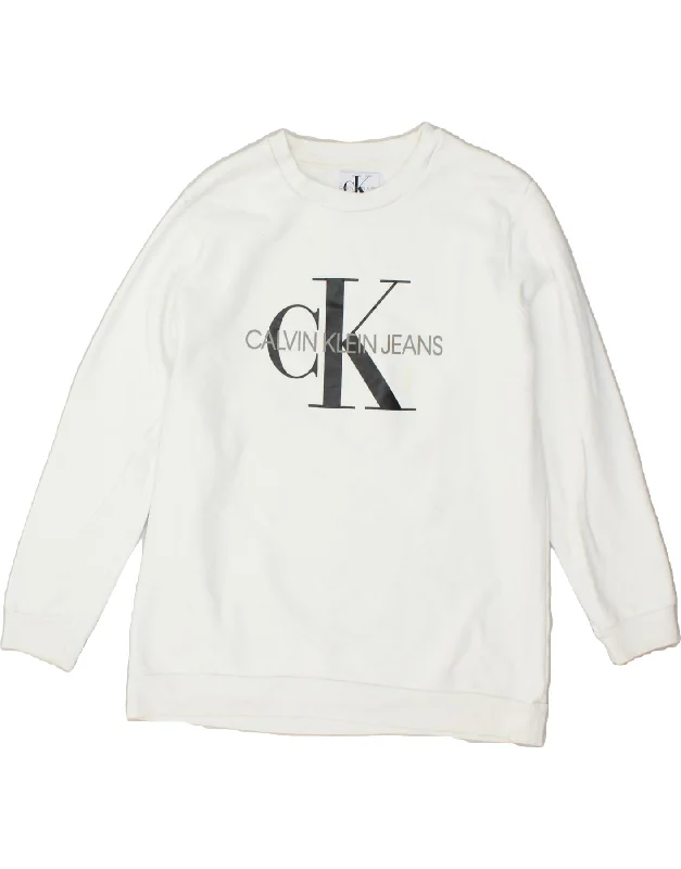 CALVIN KLEIN Womens Graphic Sweatshirt Jumper UK 16 Large White Cotton Zip Hoodie Drawstring Kangaroo Pocket