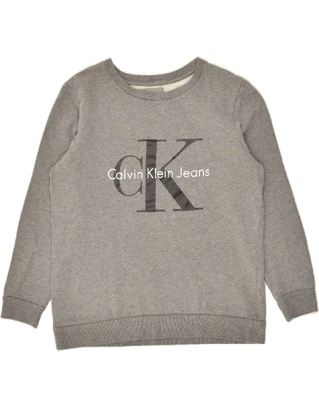 CALVIN KLEIN Womens Oversized Graphic Sweatshirt Jumper UK 6 XS Grey Hoodie with Reflective Safety Nightwear