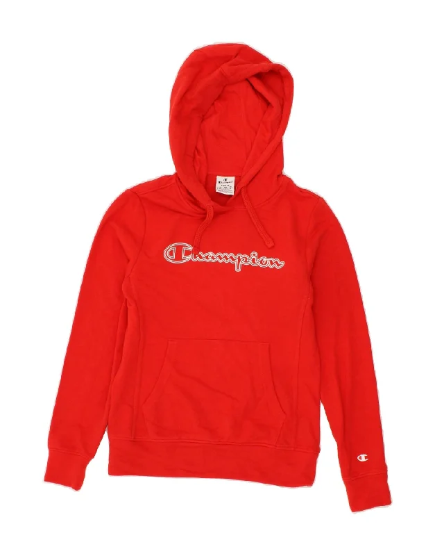 CHAMPION Womens Graphic Hoodie Jumper UK 10 Small Red Cotton Hoodie with Magnetic Closure Innovative Modern