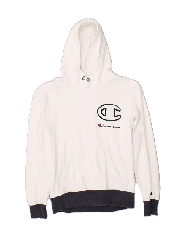 CHAMPION Womens Graphic Hoodie Jumper UK 10 Small White Cotton Hoodie with Hidden Zipper Minimalist Clean