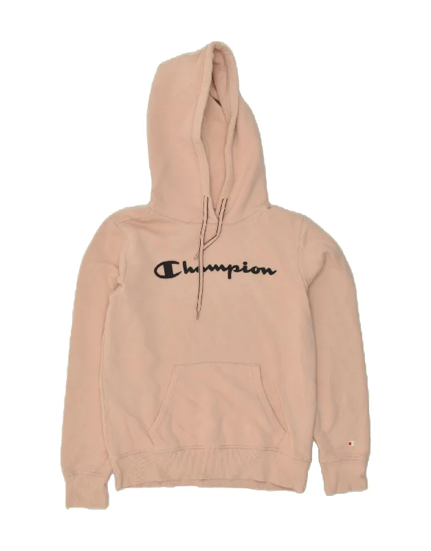 CHAMPION Womens Graphic Hoodie Jumper UK 14 Medium Pink Cotton Hoodie with Back Slit Movement Comfort