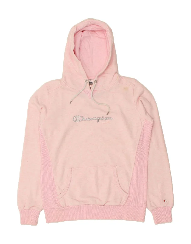 CHAMPION Womens Graphic Hoodie Jumper UK 16 Large Pink Colourblock Cotton Hoodie with Side Slits Relaxed Casual