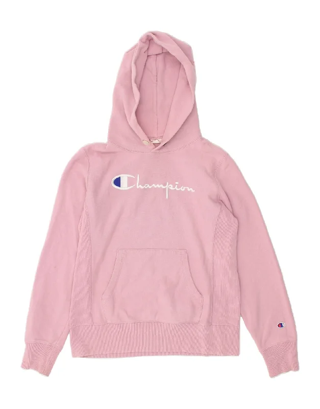 CHAMPION Womens Graphic Hoodie Jumper UK 16 Large Pink Cotton Hoodie with Batwing Sleeves Loose Dramatic