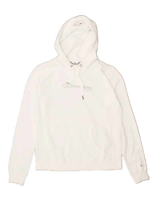 CHAMPION Womens Graphic Hoodie Jumper UK 16 Large White Cotton Hoodie with Hem Embroidery Detailed Premium