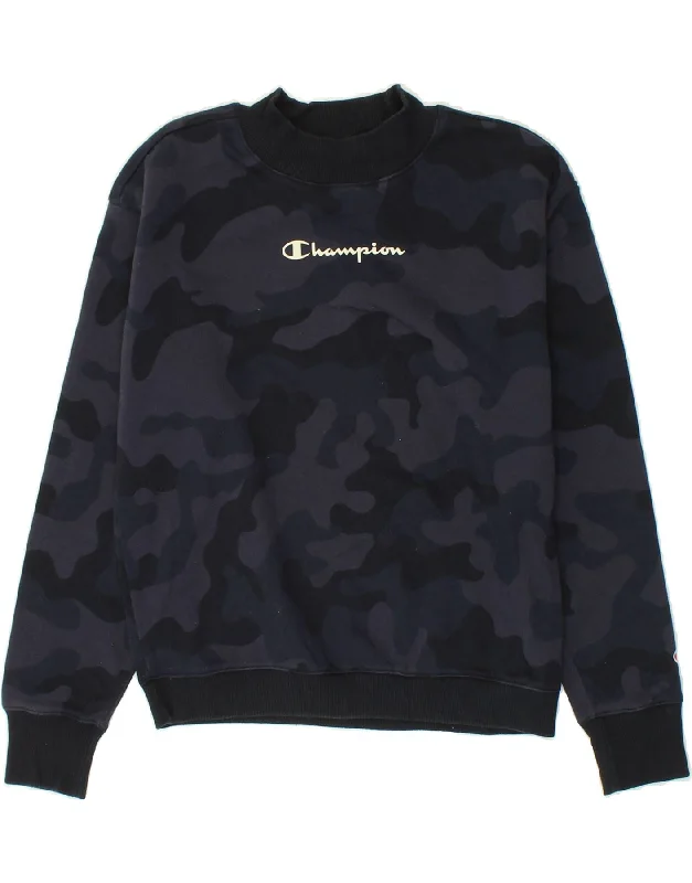 CHAMPION Womens Graphic Sweatshirt Jumper UK 10 Small Navy Blue Camouflage Hoodie with Typography Text Message