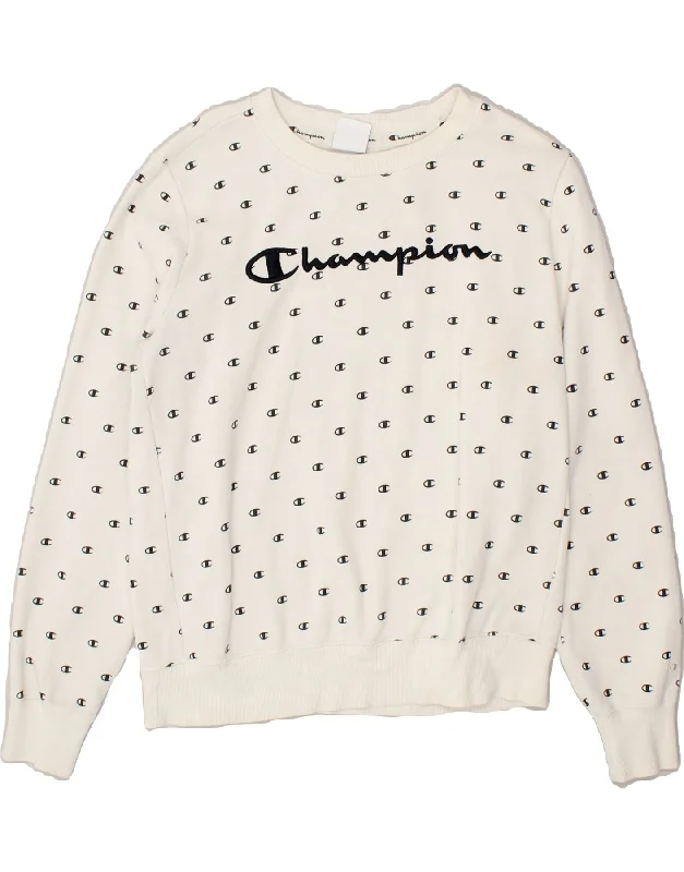 CHAMPION Womens Graphic Sweatshirt Jumper UK 16 Large White Cotton Logo Hoodie with Batwing Sleeves Loose Dramatic