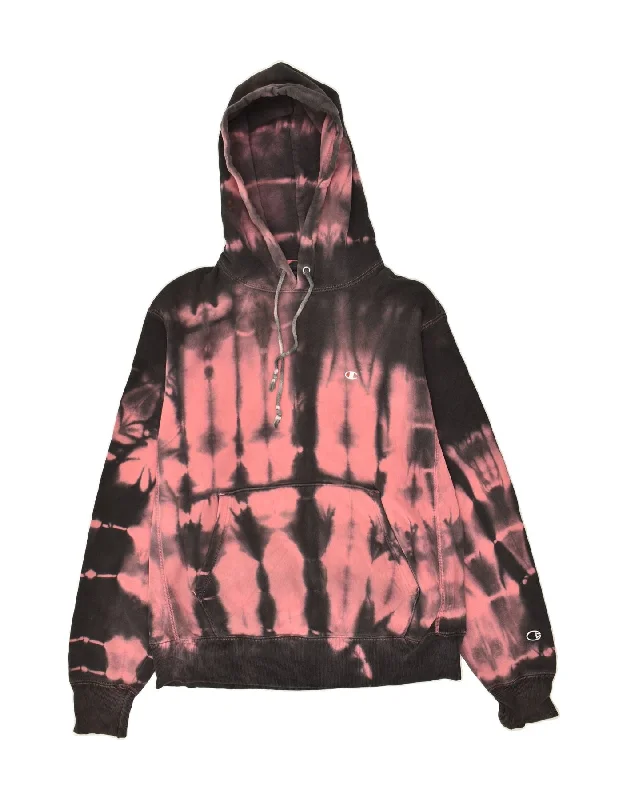 CHAMPION Womens Hoodie Jumper UK 14 Medium Pink Tie Dye Cotton Hoodie with Turtle Neck Cozy Winter