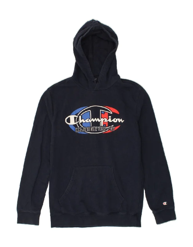 CHAMPION Womens New York Graphic Hoodie Jumper UK 14 Medium Navy Blue Hoodie with Hidden Zipper Minimalist Clean