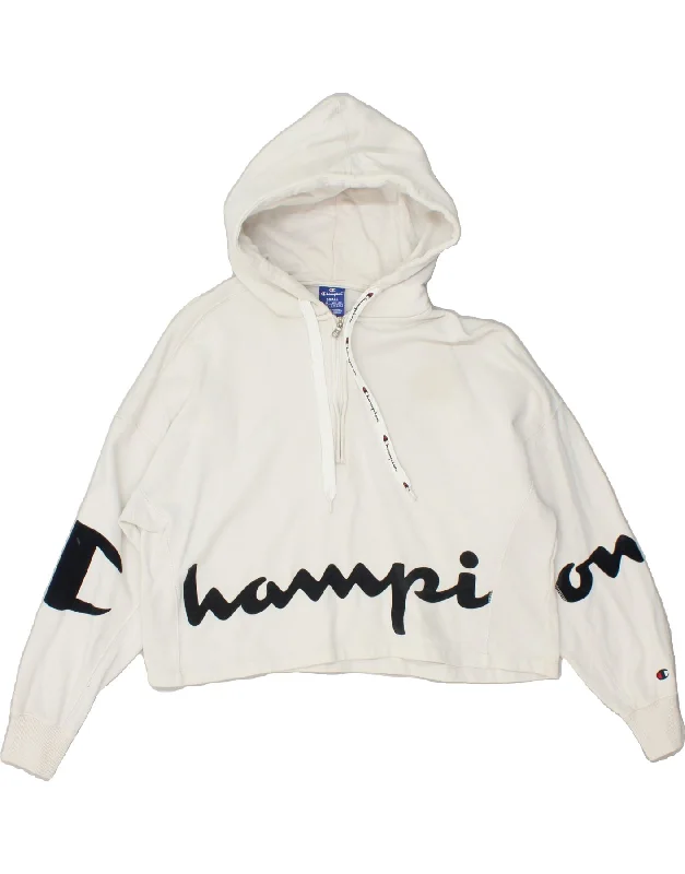 CHAMPION Womens Oversized Crop Graphic Hoodie Jumper UK 10 Small White Hoodie with Mock Neck Collared Structured