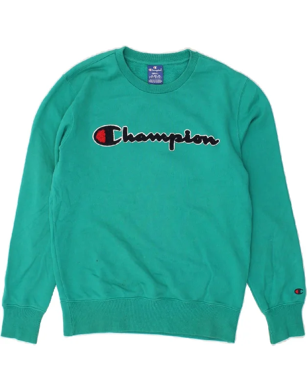 CHAMPION Womens Oversized Graphic Sweatshirt Jumper UK 10 Small Green Hoodie with Slit Hem Functional Movement